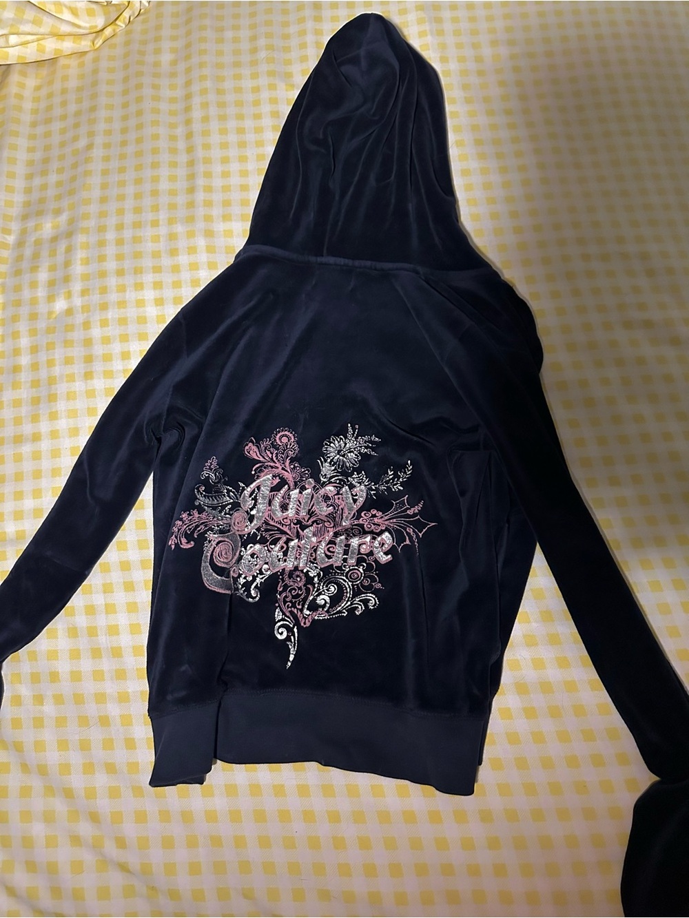 Juicy Couture Black Velour Hooded Jacket with Pink & Silver Embroidery